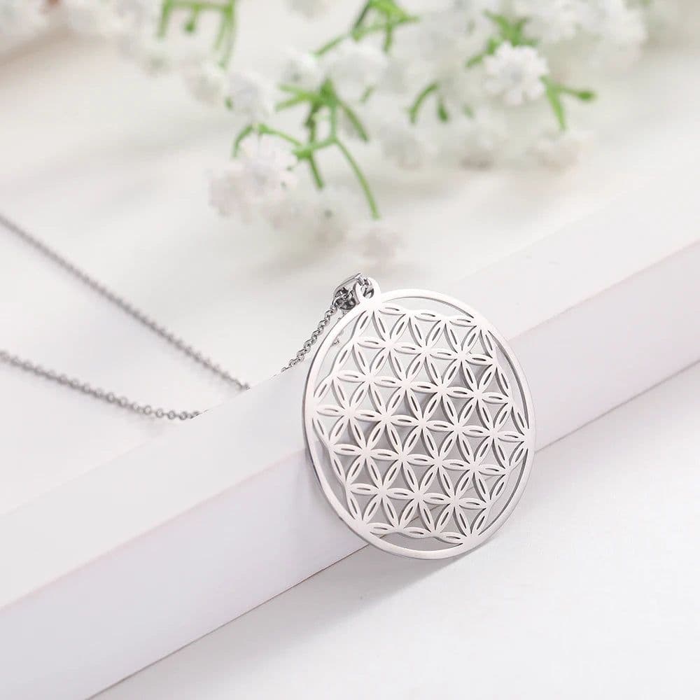 image-LIKGREAT Flower of Life Pendant Necklace for Women Mandala Chakra Hollow Stainless Steel Charms Jewelry Geometry Amulet Gift