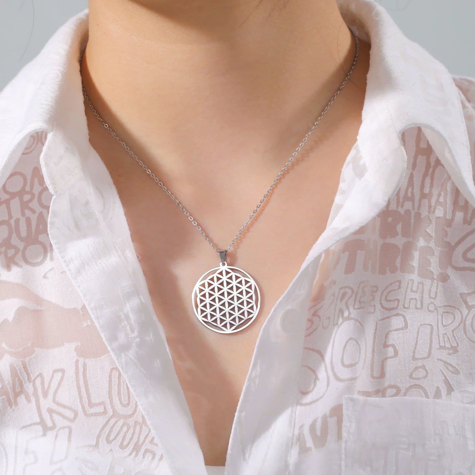 image-LIKGREAT Flower of Life Pendant Necklace for Women Mandala Chakra Hollow Stainless Steel Charms Jewelry Geometry Amulet Gift