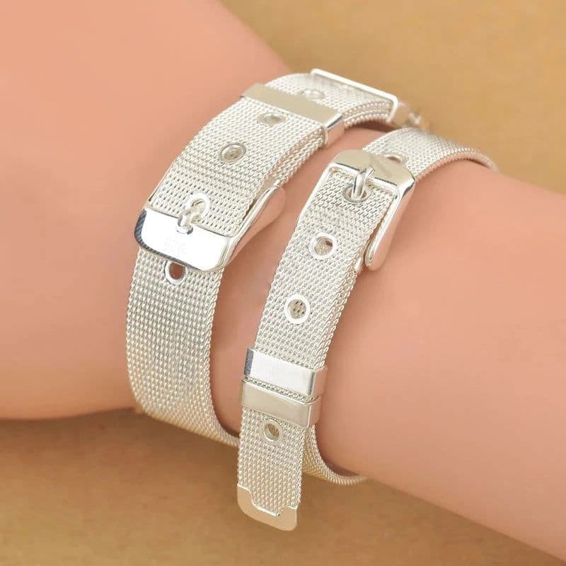 image-Fashionable Belt Design Pure 925 Sterling Silver Fine Jewelry Bracelet 2 Size Options For Woman Man