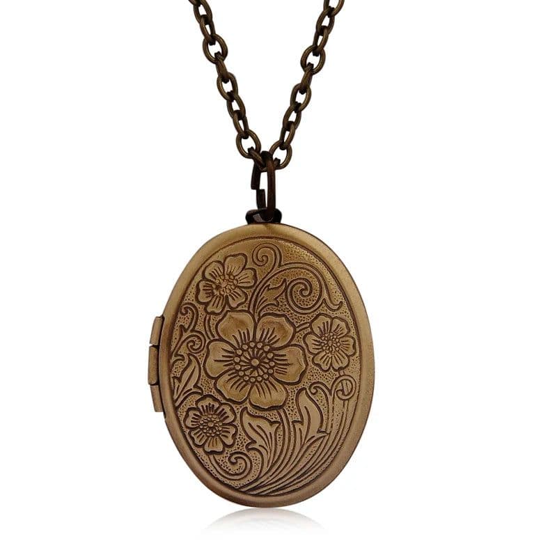 image-Oval Carved Flower Stripe Locket Pendant Necklace Women Vintage Ancient Brass Opening Photo Box Jewelry