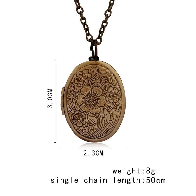 image-Oval Carved Flower Stripe Locket Pendant Necklace Women Vintage Ancient Brass Opening Photo Box Jewelry