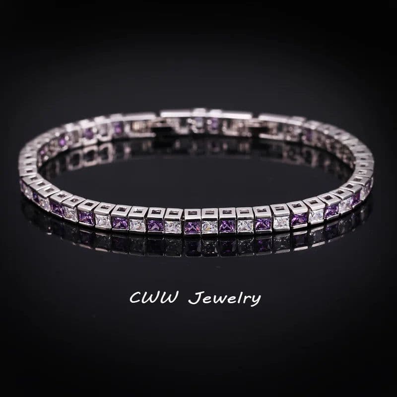 image-CWWZircons Brand Square 3mm Cubic Zirconia Tennis Bracelets for Woman White Gold Color Princess Cut CZ Wedding Jewelry CB169