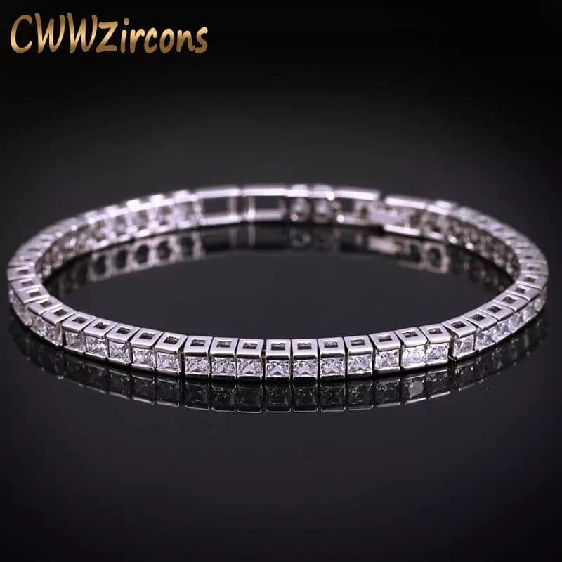 image-CWWZircons Brand Square 3mm Cubic Zirconia Tennis Bracelets for Woman White Gold Color Princess Cut CZ Wedding Jewelry CB169