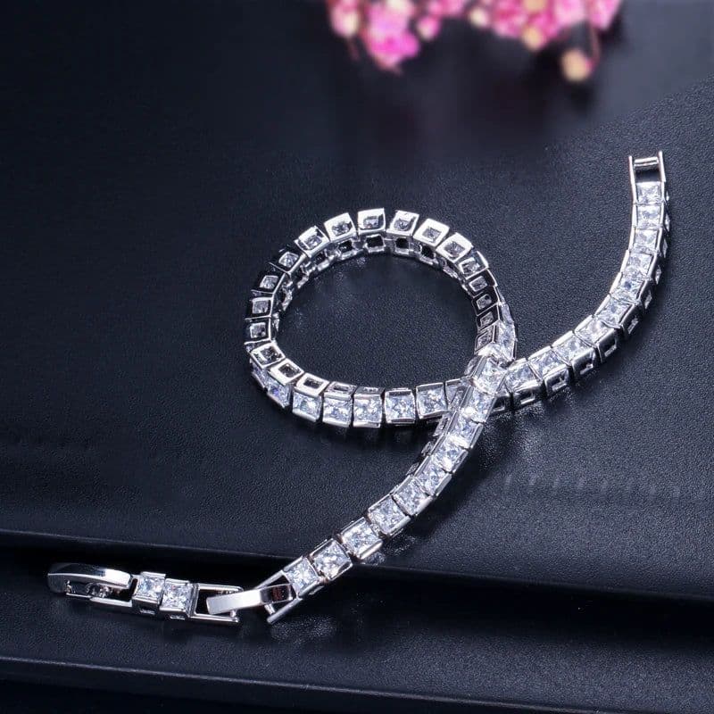 image-CWWZircons Brand Square 3mm Cubic Zirconia Tennis Bracelets for Woman White Gold Color Princess Cut CZ Wedding Jewelry CB169