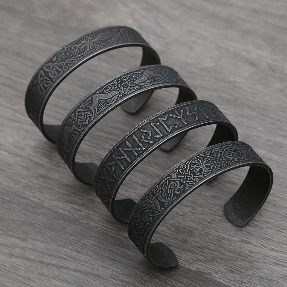 image-Black Stainless Steel Viking Rune Bracelets For Men Women Retro Viking Tree of Life Bracelet Biker Fashion Jewelry Amulet Gift