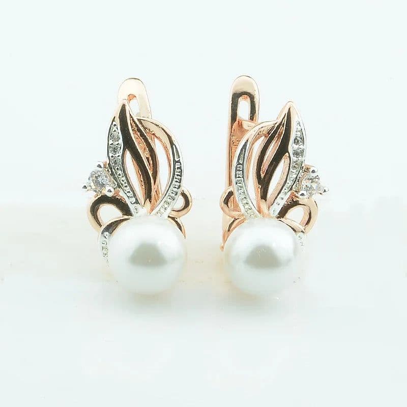 image-FJ Women Beauty 585 Rose Mixed White Gold Color Simulated Pearl Jewelry Cubic Zircon Flowers Drop Earrings