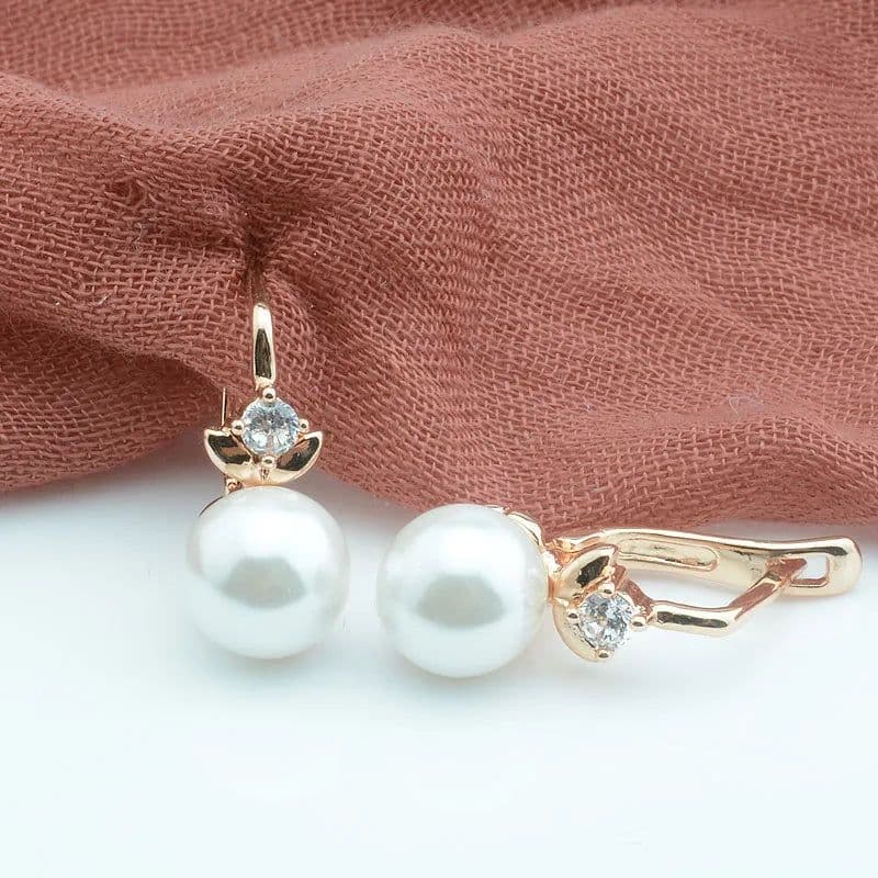 image-FJ Women Beauty 585 Rose Mixed White Gold Color Simulated Pearl Jewelry Cubic Zircon Flowers Drop Earrings