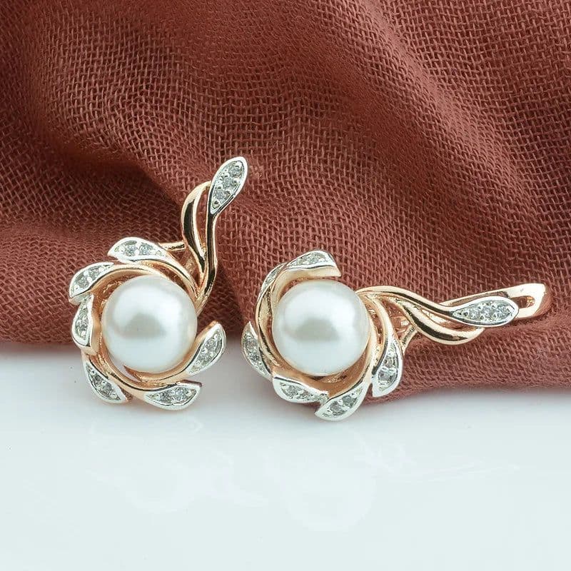 image-FJ Women Beauty 585 Rose Mixed White Gold Color Simulated Pearl Jewelry Cubic Zircon Flowers Drop Earrings
