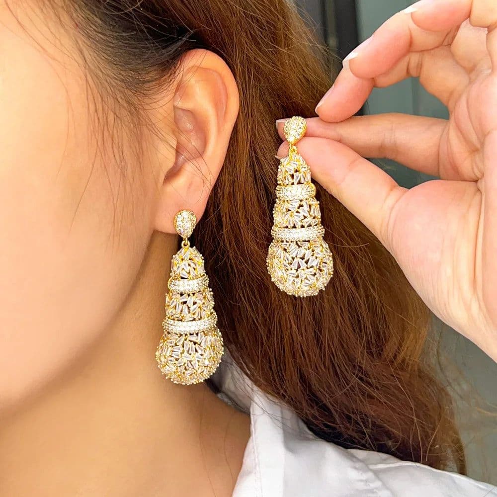 image-CWWZircons Shiny Chunky Cubic Zirconia Pave Big Luxury Statement African Dubai Gold Plated Long Wedding Earrings for Women CZ481