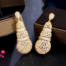 image-CWWZircons Shiny Chunky Cubic Zirconia Pave Big Luxury Statement African Dubai Gold Plated Long Wedding Earrings for Women CZ481