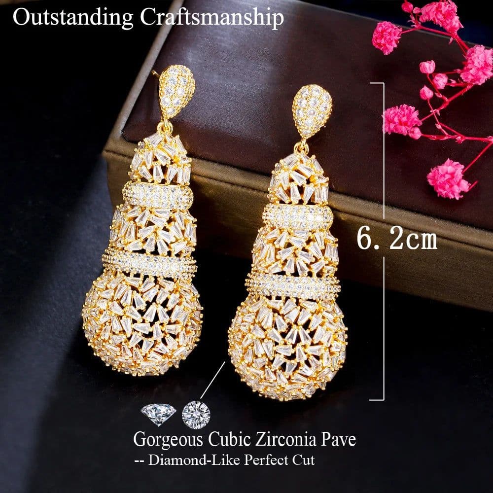 image-CWWZircons Shiny Chunky Cubic Zirconia Pave Big Luxury Statement African Dubai Gold Plated Long Wedding Earrings for Women CZ481
