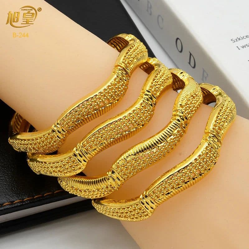 image-XUHUANG African Gold Color Bangles For Women Indian Middle Eastern Nigerian Wedding Luxury Plated Jewellery Brazilian Bangles