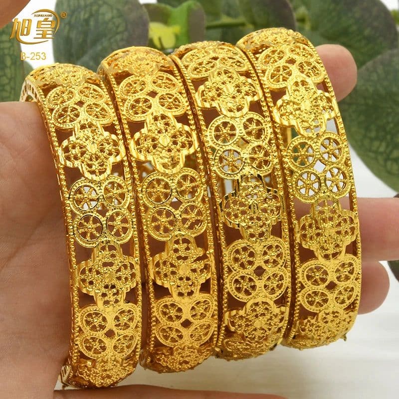image-XUHUANG African Gold Color Bangles For Women Indian Middle Eastern Nigerian Wedding Luxury Plated Jewellery Brazilian Bangles