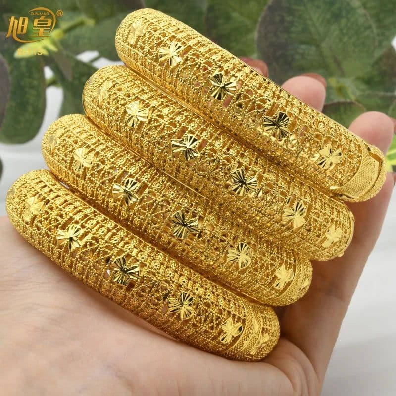 image-XUHUANG African Gold Color Bangles For Women Indian Middle Eastern Nigerian Wedding Luxury Plated Jewellery Brazilian Bangles