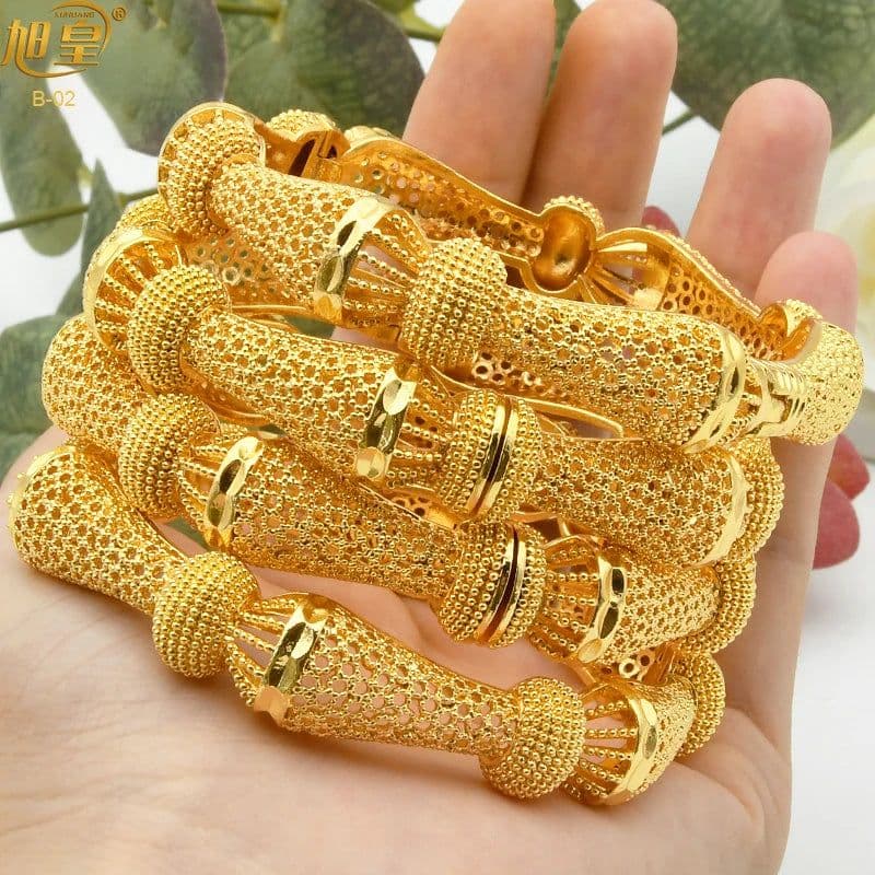 image-XUHUANG African Gold Color Bangles For Women Indian Middle Eastern Nigerian Wedding Luxury Plated Jewellery Brazilian Bangles