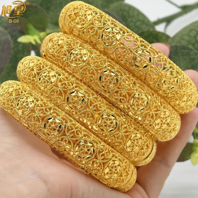 image-XUHUANG African Gold Color Bangles For Women Indian Middle Eastern Nigerian Wedding Luxury Plated Jewellery Brazilian Bangles