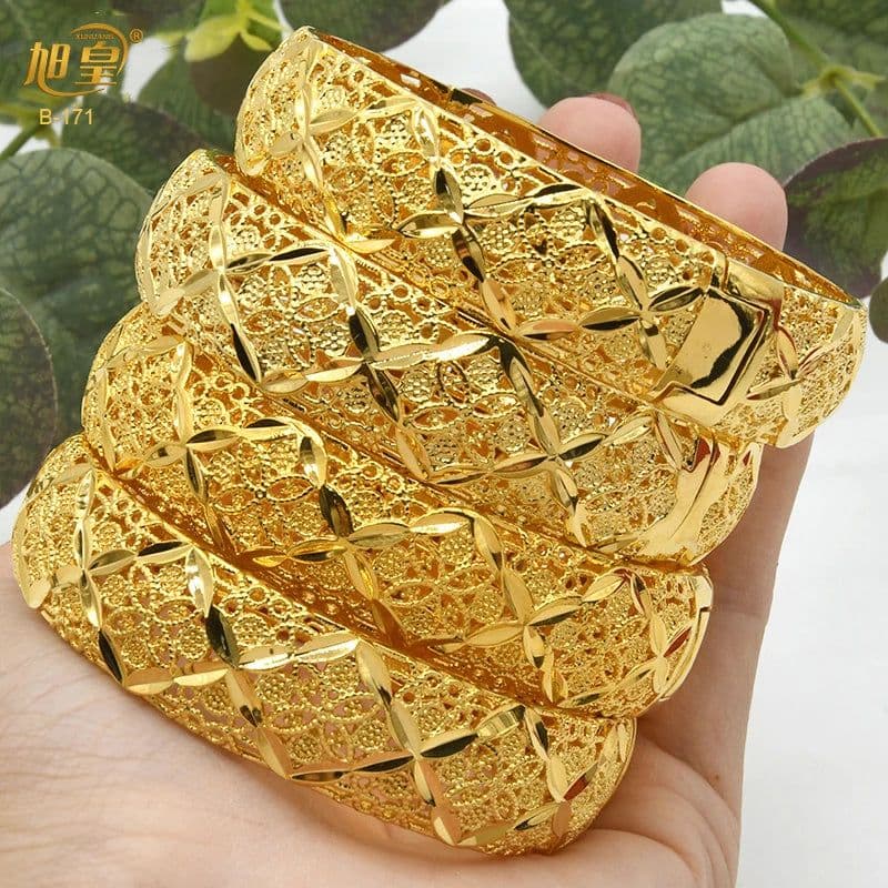 image-XUHUANG African Gold Color Bangles For Women Indian Middle Eastern Nigerian Wedding Luxury Plated Jewellery Brazilian Bangles