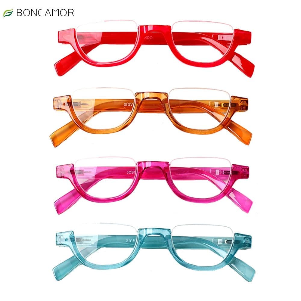 image-Boncamor Half Frame Round Reading Glasses for Women Spring Hinge High Quality HD Lenses Lightweight Prescription Eyewear 0-+6.0