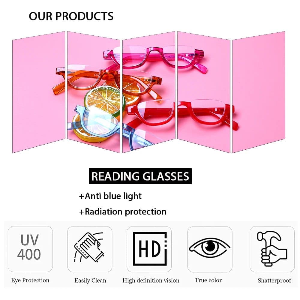 image-Boncamor Half Frame Round Reading Glasses for Women Spring Hinge High Quality HD Lenses Lightweight Prescription Eyewear 0-+6.0