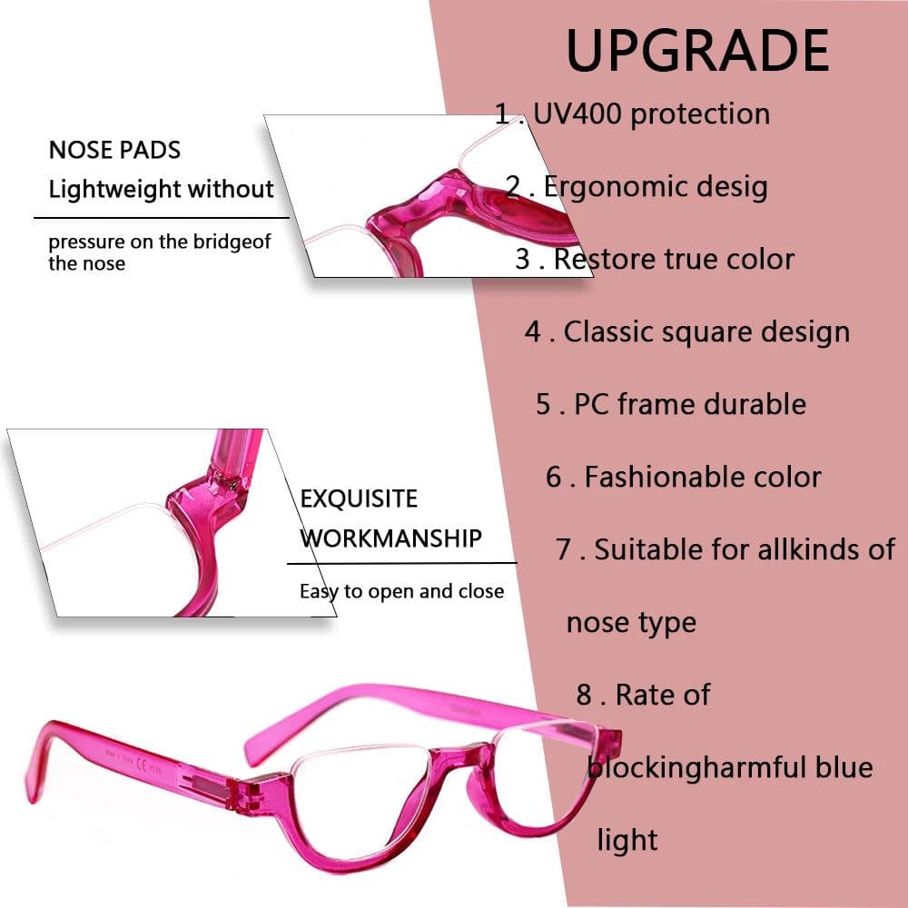 image-Boncamor Half Frame Round Reading Glasses for Women Spring Hinge High Quality HD Lenses Lightweight Prescription Eyewear 0-+6.0