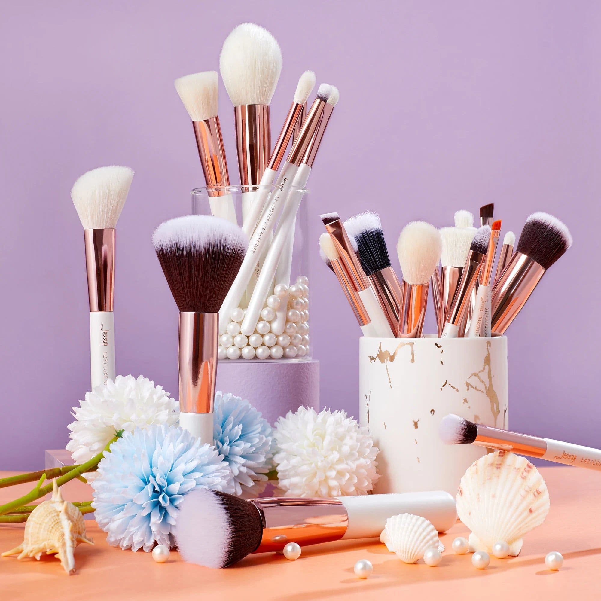 image-Jessup Professional Makeup brushes set ,6- 25pcs Makeup brush Natural Synthetic Foundation Powder Highlighter Pearl White T215