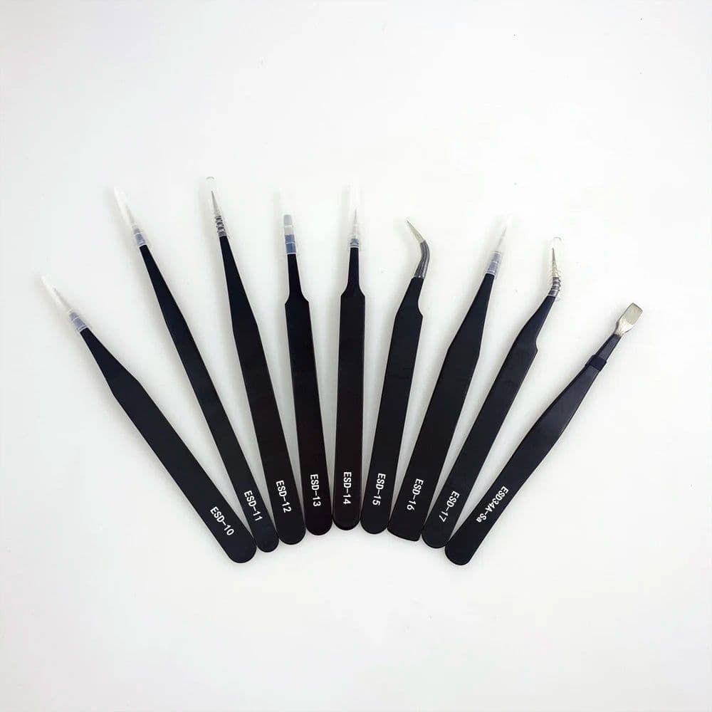 image-9pcs/set Anti-static ESD Stainless Steel Tweezers Maintenance Tools Industrial Precision Curved Straight Tweezers Repair Tools