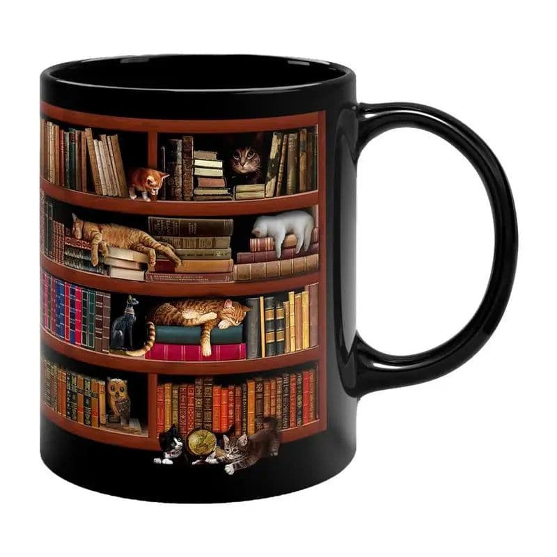 image-3D Bookshelf Mug Library Bookshelf Cup Bookshelf Cat Design Book Mug Book Club Cup Novelty Coffee Mug Motivational Quote
