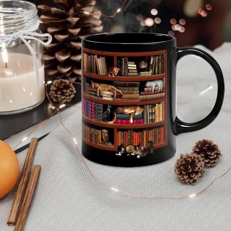 image-3D Bookshelf Mug Library Bookshelf Cup Bookshelf Cat Design Book Mug Book Club Cup Novelty Coffee Mug Motivational Quote