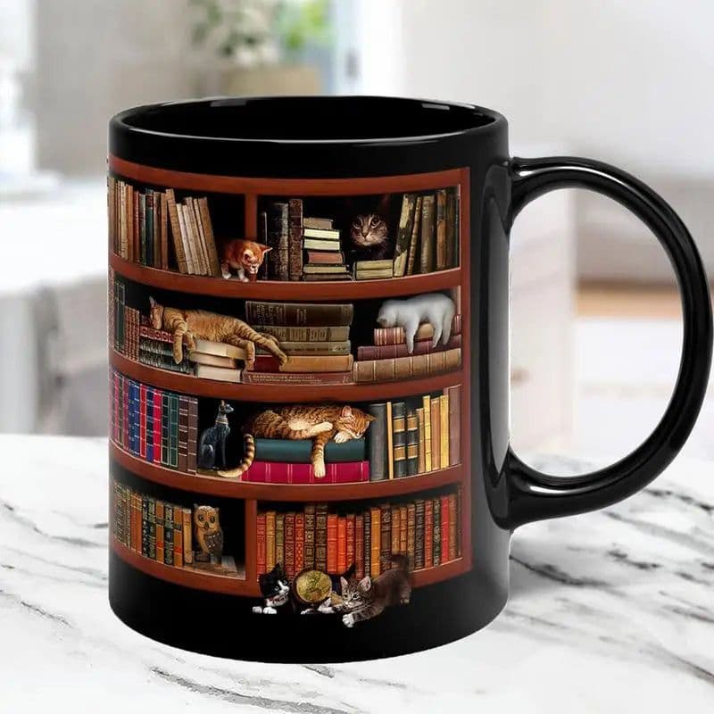 image-3D Bookshelf Mug Library Bookshelf Cup Bookshelf Cat Design Book Mug Book Club Cup Novelty Coffee Mug Motivational Quote