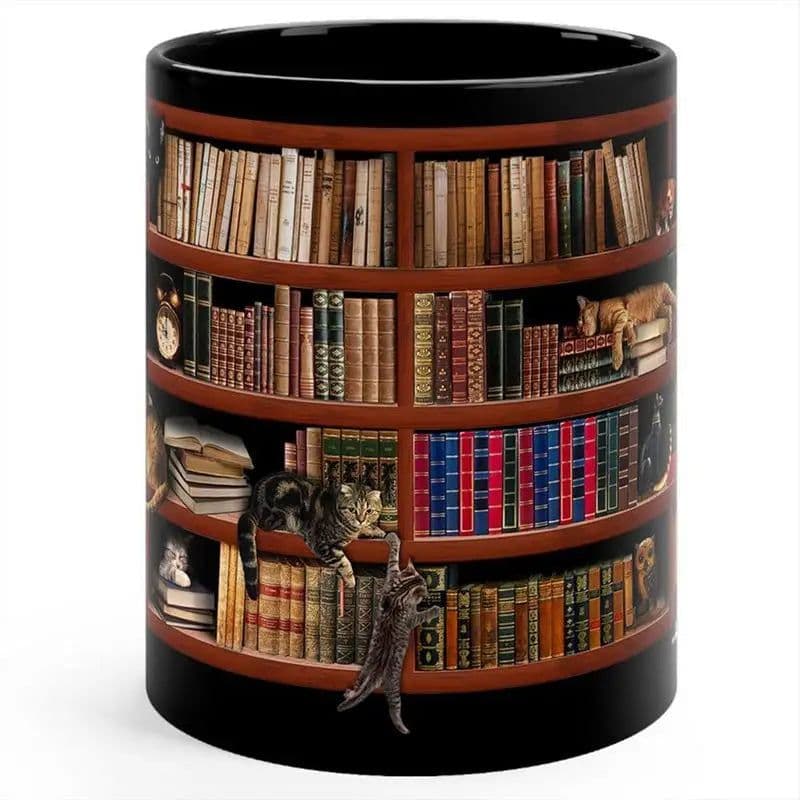 image-3D Bookshelf Mug Library Bookshelf Cup Bookshelf Cat Design Book Mug Book Club Cup Novelty Coffee Mug Motivational Quote