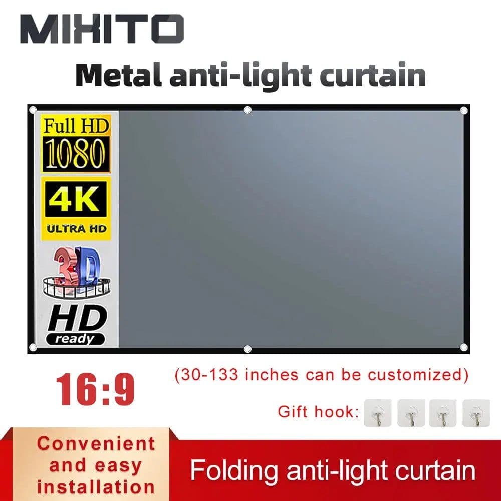 image-MIXITO Black Edge With Hole 16:9Gray Anti-light Projection Screen 30-133 Inch Outdoor Household Office Portable Projector Screen