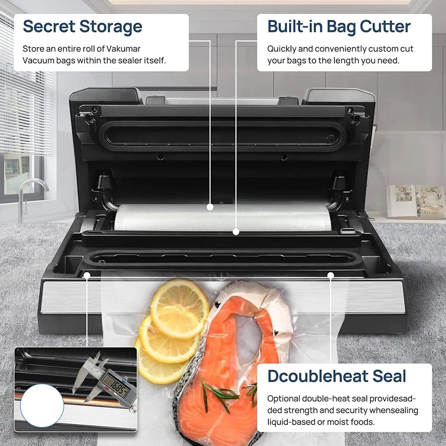 image-Vakumar VH5186 Kitchen Automatic Commercial Household Food Vacuum Sealer Packaging Machine Include 2 rolls Vacuum packed bags