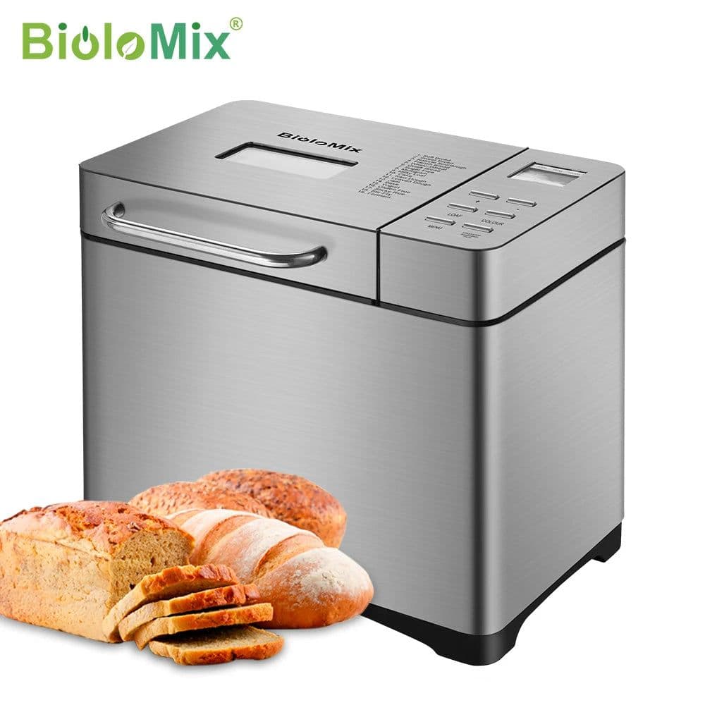 image-Biolomix Stainless Steel 1KG 19-in-1 Automatic Bread Maker 650W Programmable Bread Machine with 3 Loaf Sizes Fruit Nut Dispenser