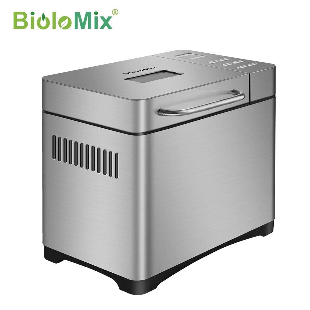 image-Biolomix Stainless Steel 1KG 19-in-1 Automatic Bread Maker 650W Programmable Bread Machine with 3 Loaf Sizes Fruit Nut Dispenser