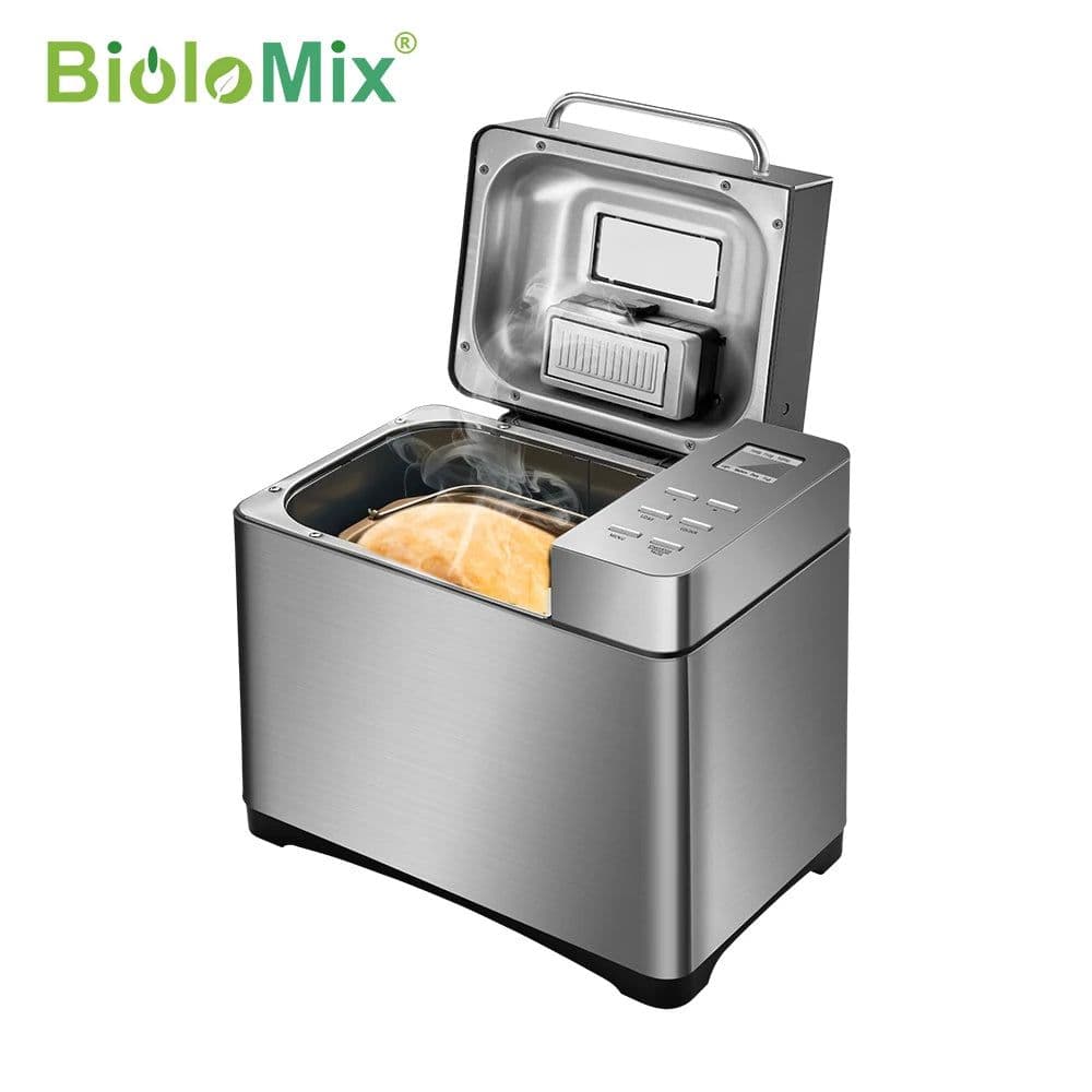 image-Biolomix Stainless Steel 1KG 19-in-1 Automatic Bread Maker 650W Programmable Bread Machine with 3 Loaf Sizes Fruit Nut Dispenser