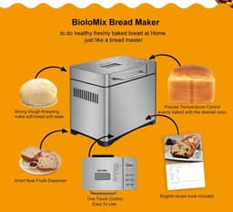 image-Biolomix Stainless Steel 1KG 19-in-1 Automatic Bread Maker 650W Programmable Bread Machine with 3 Loaf Sizes Fruit Nut Dispenser