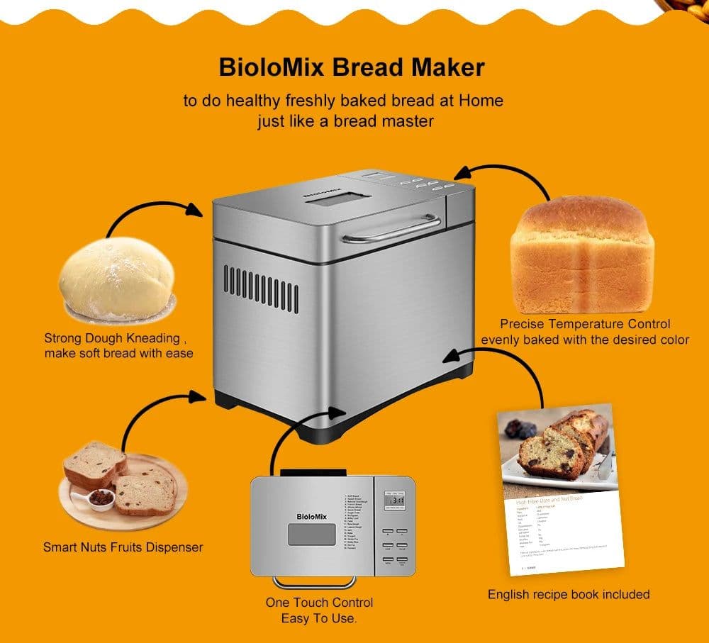 image-Biolomix Stainless Steel 1KG 19-in-1 Automatic Bread Maker 650W Programmable Bread Machine with 3 Loaf Sizes Fruit Nut Dispenser