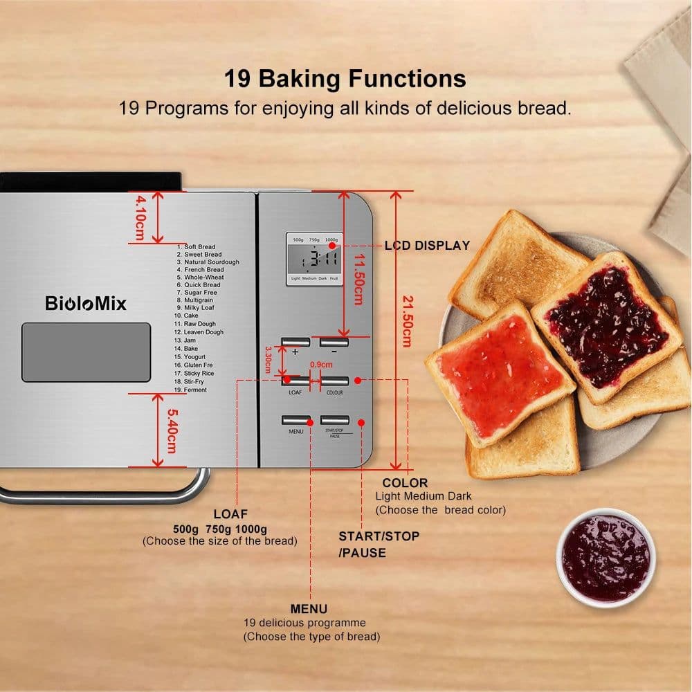 image-Biolomix Stainless Steel 1KG 19-in-1 Automatic Bread Maker 650W Programmable Bread Machine with 3 Loaf Sizes Fruit Nut Dispenser