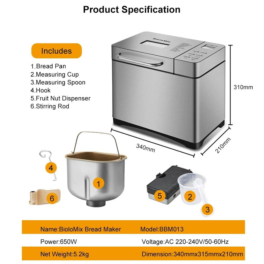 image-Biolomix Stainless Steel 1KG 19-in-1 Automatic Bread Maker 650W Programmable Bread Machine with 3 Loaf Sizes Fruit Nut Dispenser