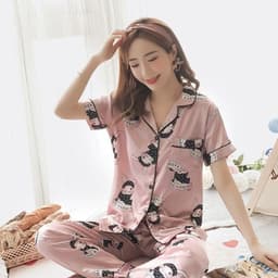 image-Silk Satin Pajamas - Plus Size Short-Sleeved Trousers, 5XL, Double Blue Satin, Comfortable