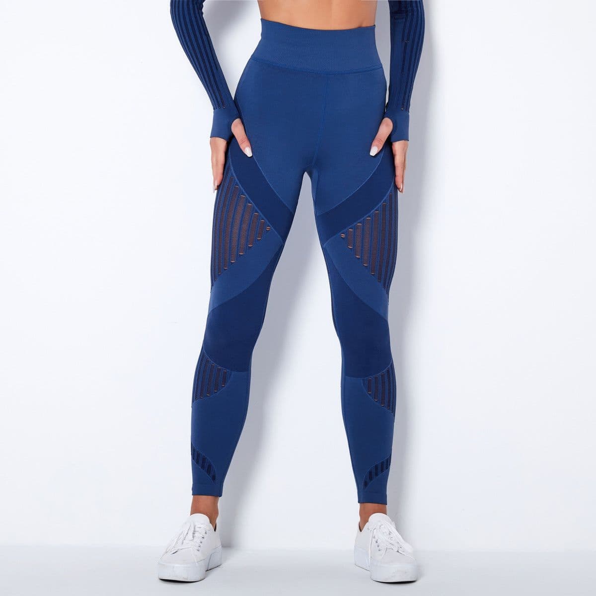 image-Spot goods! European and American cross-border seamless knitted sexy striped moisture-wicking yoga pants sports running fitness pants women