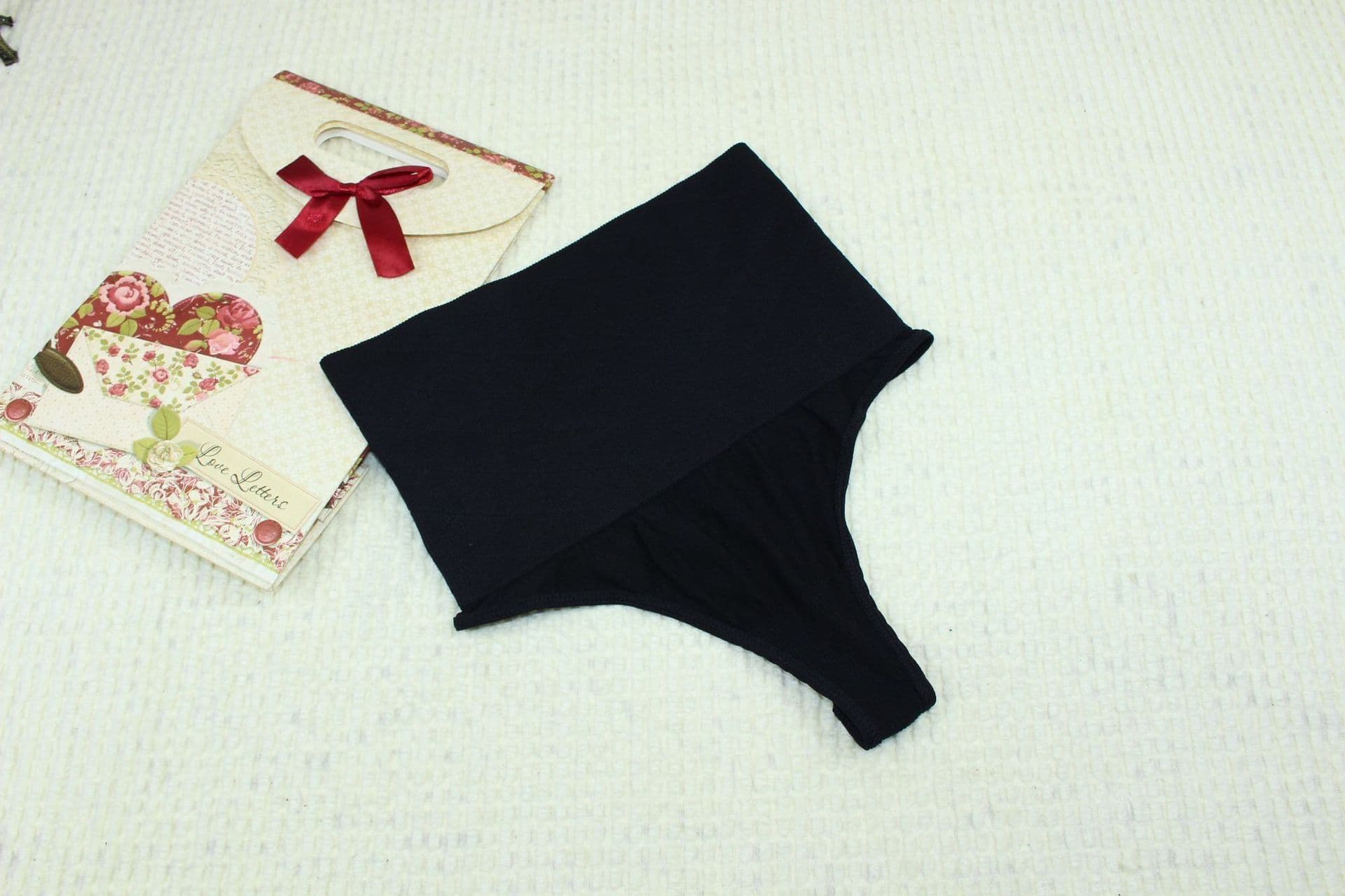 image-Nylon Tummy Control Thong Panties - Black Mid-Waist