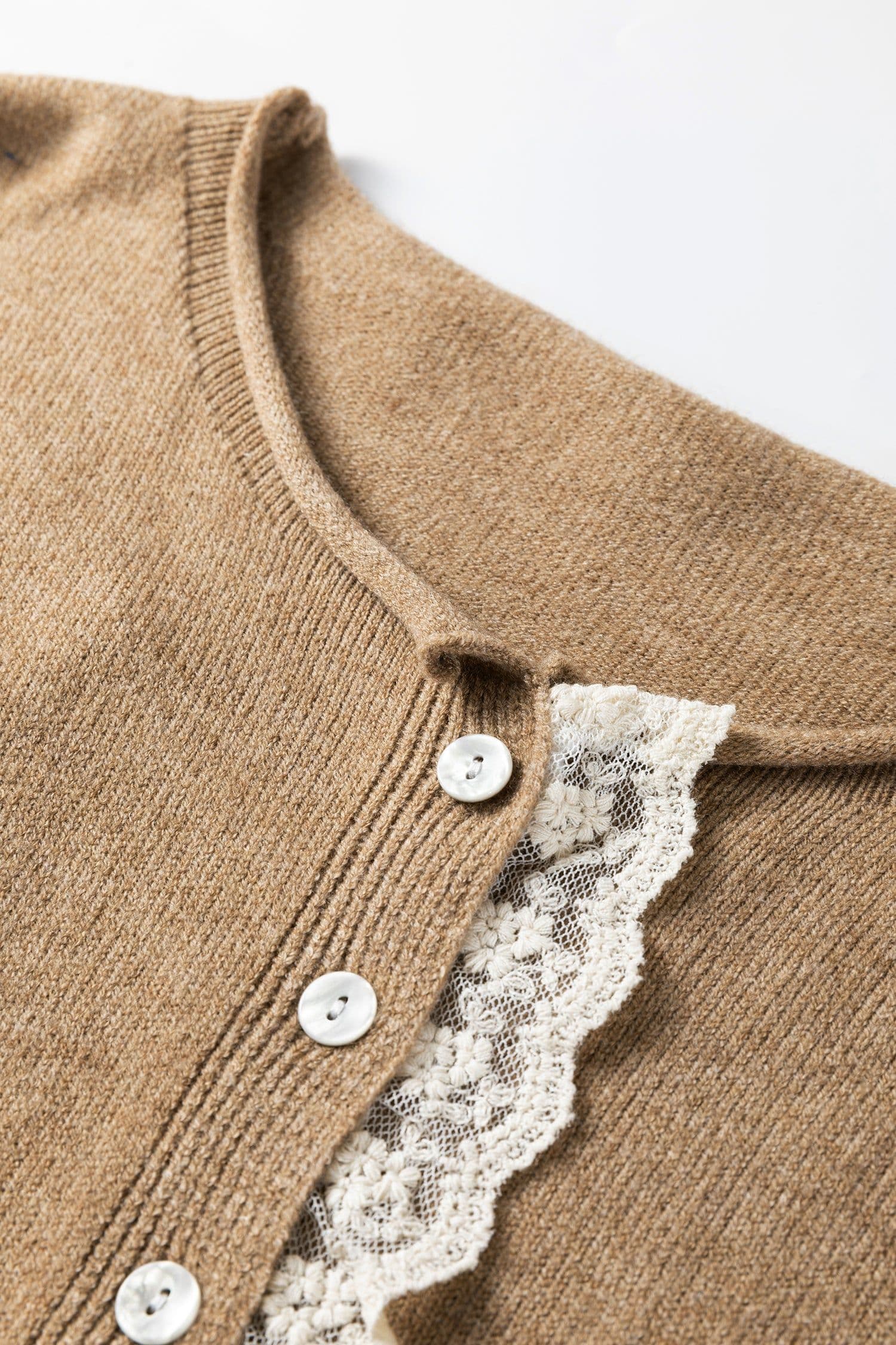 image-Simply Taupe Cardigan Sweater - Lace Trim Loose Fit