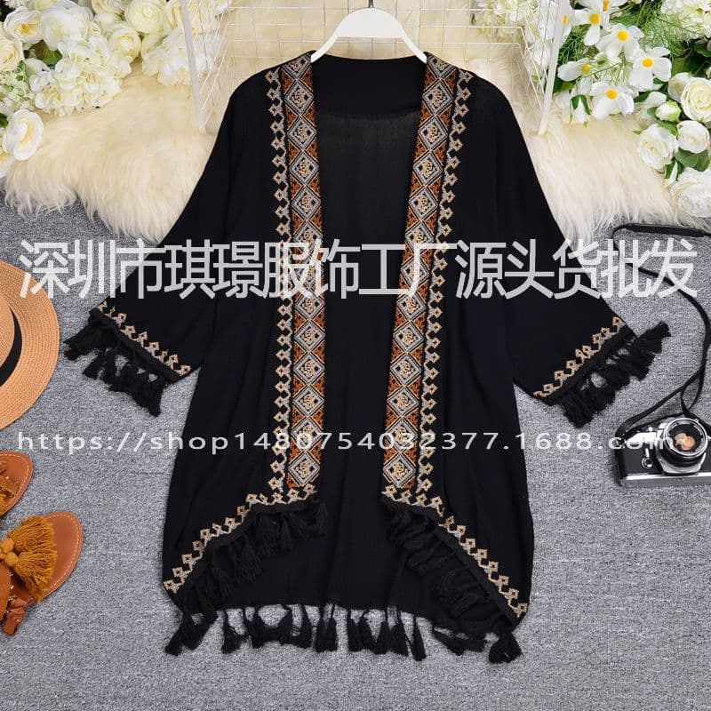 image-Ethnic Style Shawl Embroidered Cardigan With Tassel Three Quarter Sleeves
