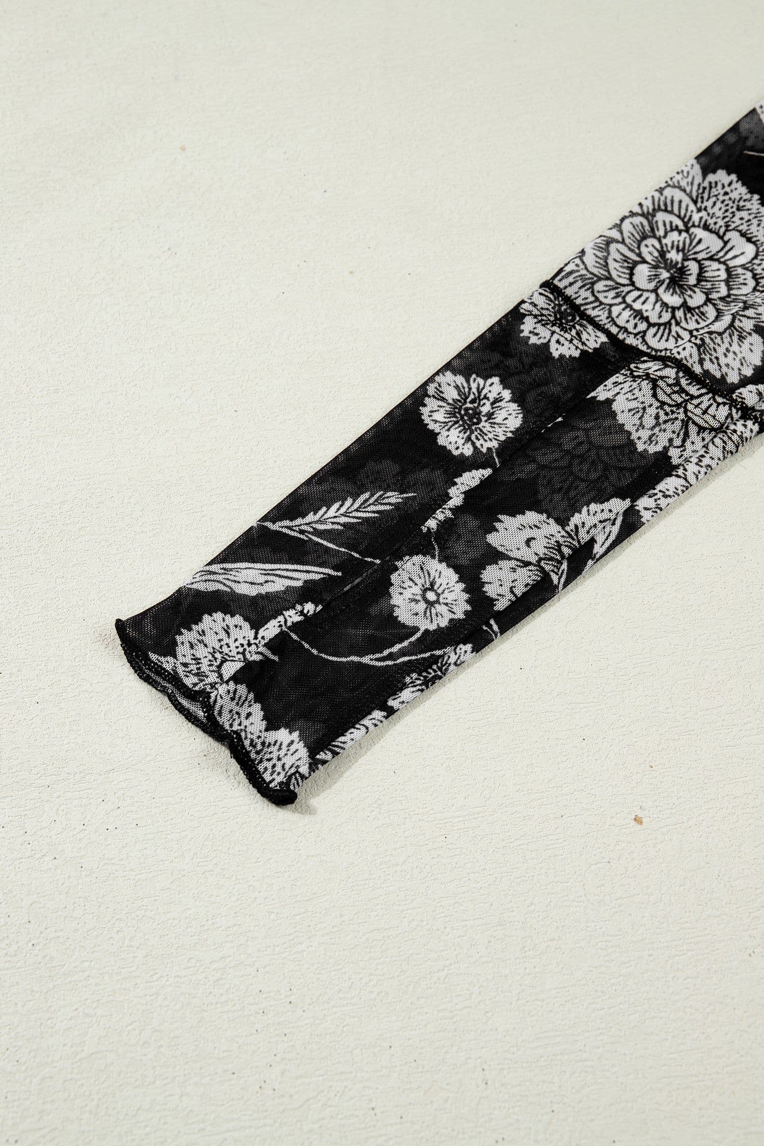 image-Black Thumbhole Long Sleeve Floral Print Mesh Top