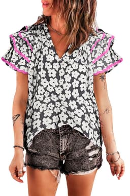 image-Pink Floral Ruffle Sleeve Blouse - Layered Contrast Ric Rac