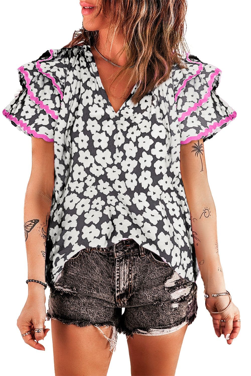 image-Pink Floral Ruffle Sleeve Blouse - Layered Contrast Ric Rac