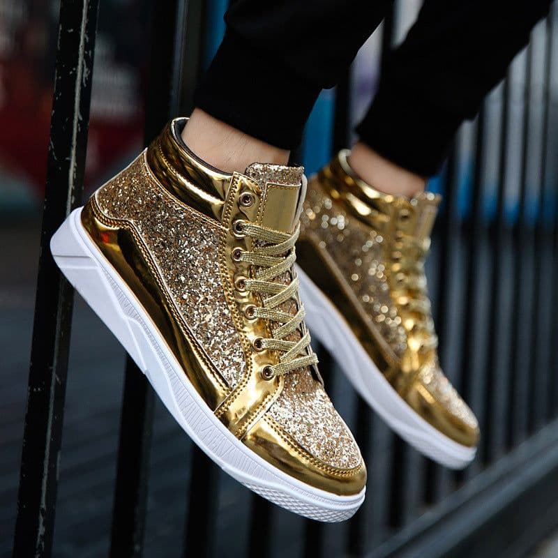 image-European and American nightclub leather boots shiny personality Martin boots men's casual high-top leather shoes retro gold boots 5892