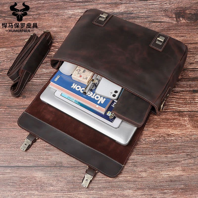 image-leather top layer cowhide shoulder bag messenger bag retro portable briefcase