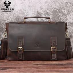 image-leather top layer cowhide shoulder bag messenger bag retro portable briefcase